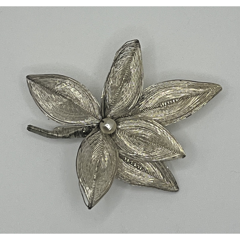 Vintage Silver Tone Wire Wrapped Faux Pearl Large Costume Flower Brooch